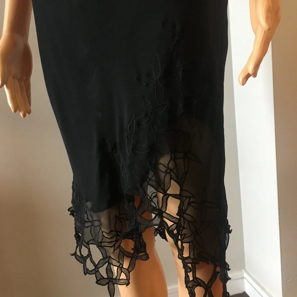 BCBGMaxAzria Silk Floral Lace-Trim Black Dress 0